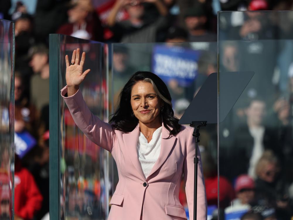 Former Rep. Tulsi Gabbard takes the stage during a campaign rally for former President Donald Trump on Nov. 3, in Lititz, Pa.