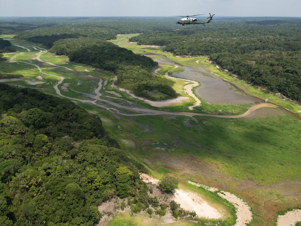 President Biden flies over the Amazon in his Marine One helicopter during his visit to Manaus, Brazil, on Nov. 17, 2024.