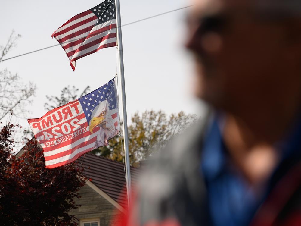 Bob Lewis stands in his yard near his neighbor's Trump flag on Nov. 13. Lewis put up a 