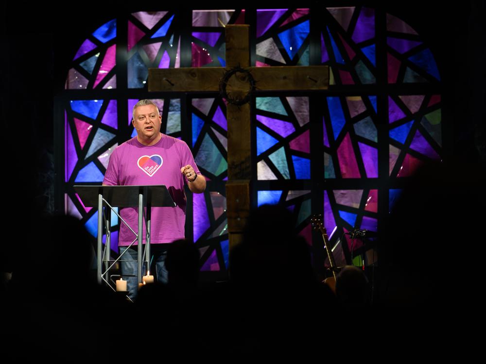 Pastor Chris Morgan leads a contemporary service — a worship service where people dress casually and sing modern music — at Christ United Methodist Church in Bethel Park, Pa., on the Sunday after Election Day. The church developed a sermon series called 
