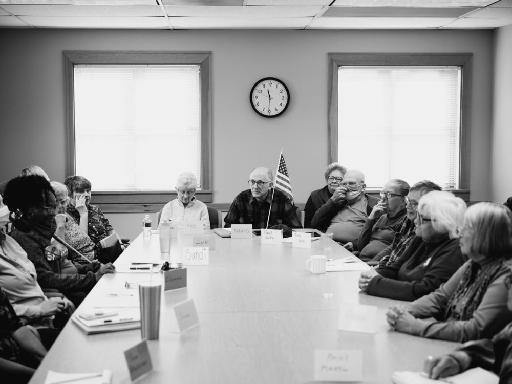 Residents of Port Angeles, Washington fill a room in the Port Angeles Senior Center for a weekly political discussion where they talk about both national and local government, on October 10, 2024.