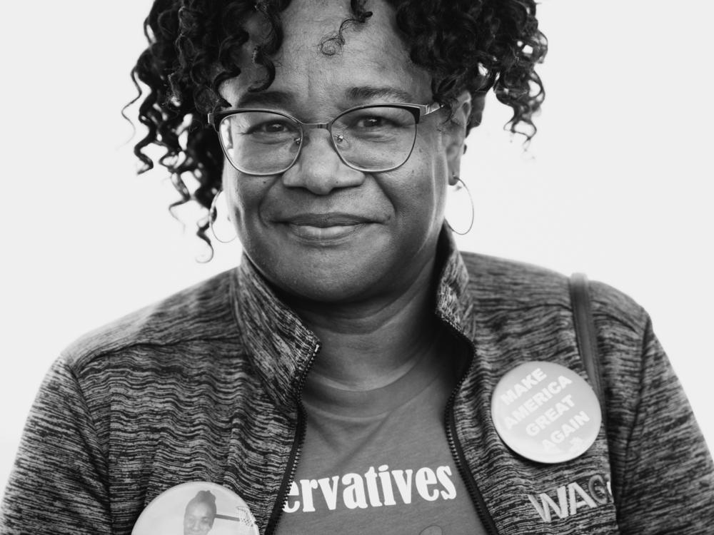 Sandi Lytle, an active participant in the political discussions, poses for a portrait.