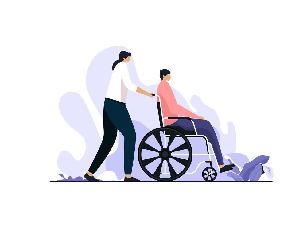 Young girl assisting a senior man in a wheelchair at park, Support, Help and Assistance, World Disability Day