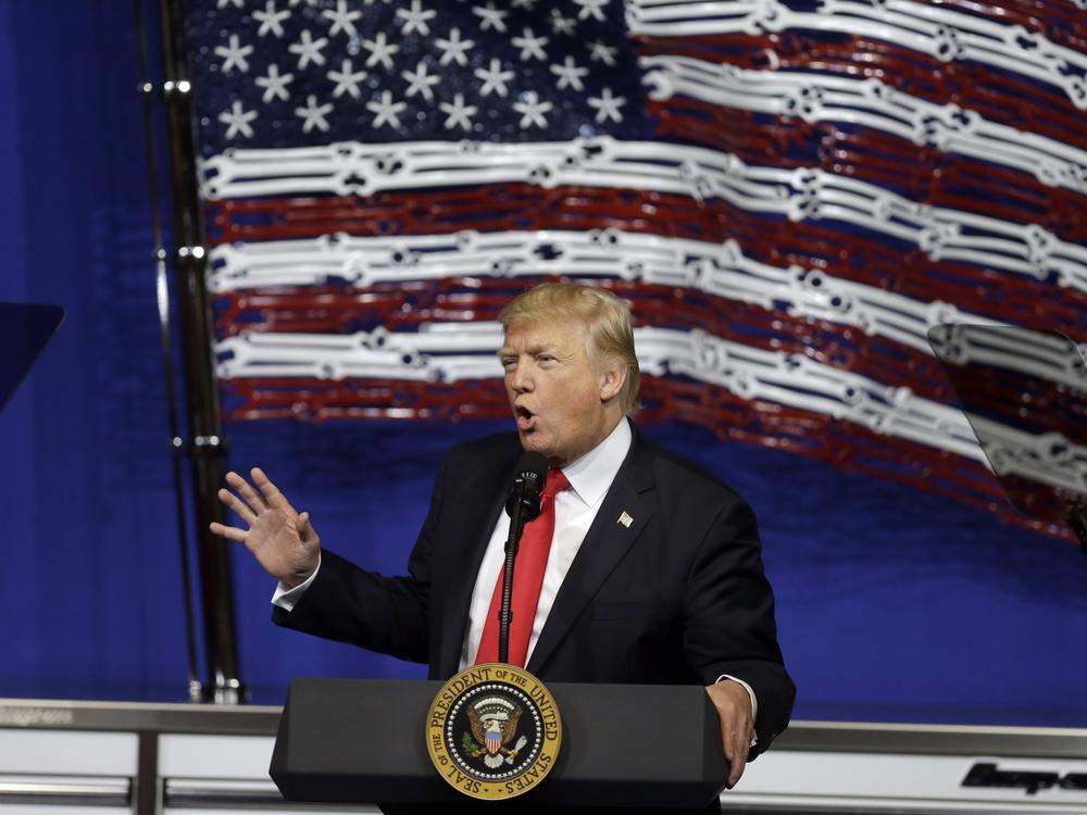 President Donald Trump speaks at Snap-on tools, April 18, 2017, in Kenosha, Wis.