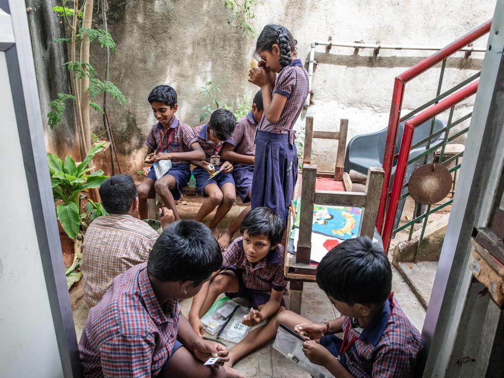 Students at Eden School in northern India prepare specimens they've collected to examine in the Foldscope. The paper microscope, invented a decade ago, is given for free for schools in lower resource countries, giving students a different perspective on specimens from ants to pollen.