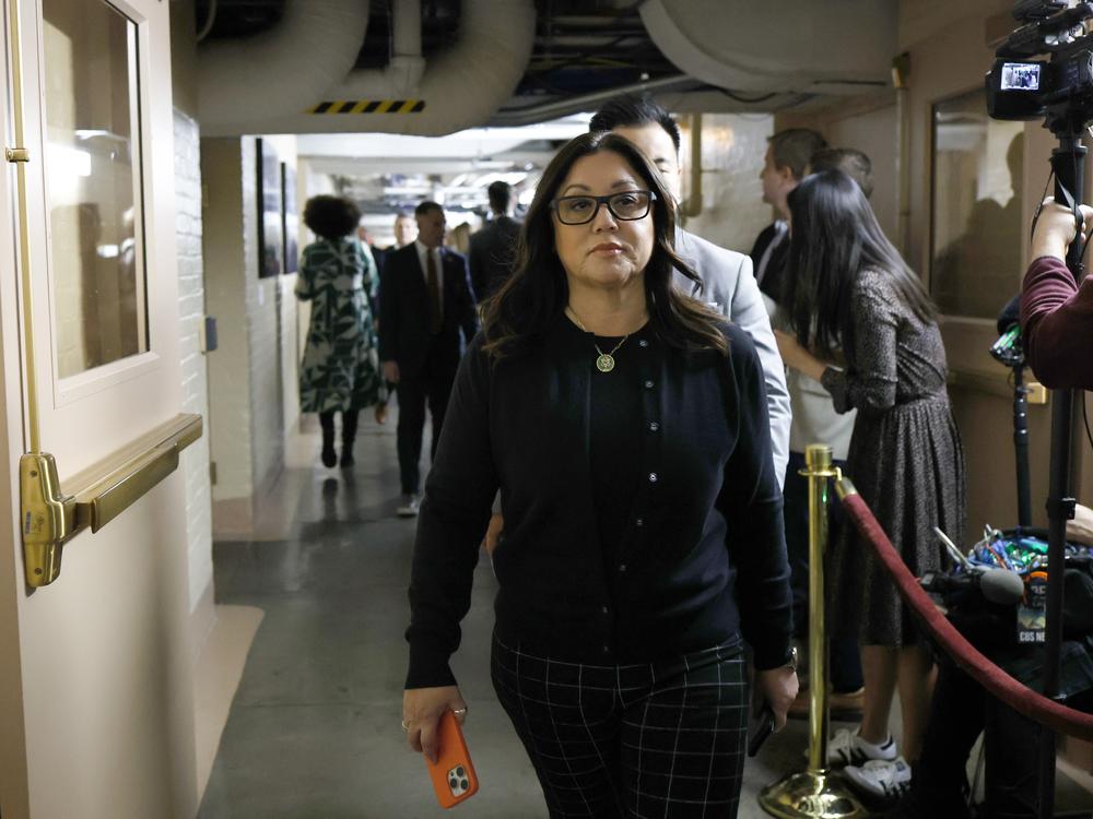 Rep. Lori Chavez-Deremer (R-OR) arrives to a meeting with House Republicans at the U.S. Capitol Building on October 19, 2023 in Washington, D.C.