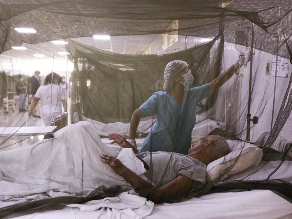 A nurse takes care of a patient at a hospital near Lima, Peru. The country experienced an outbreak of dengue fever in 2024 — a pattern that was replicated in many countries around the world. A new study suggests climate change may be contributing to the spread of the mosquito-borne disease.