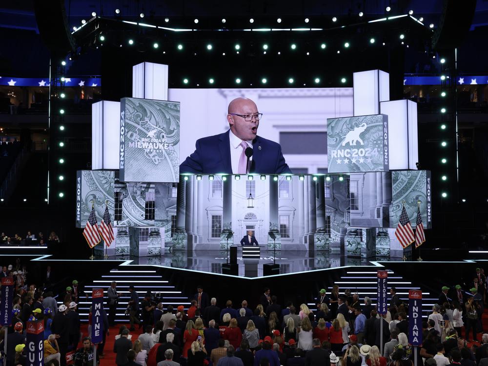 President of the International Brotherhood of Teamsters Sean O'Brien speaks on stage on the first day of the Republican National Convention in Milwaukee, Wisconsin.