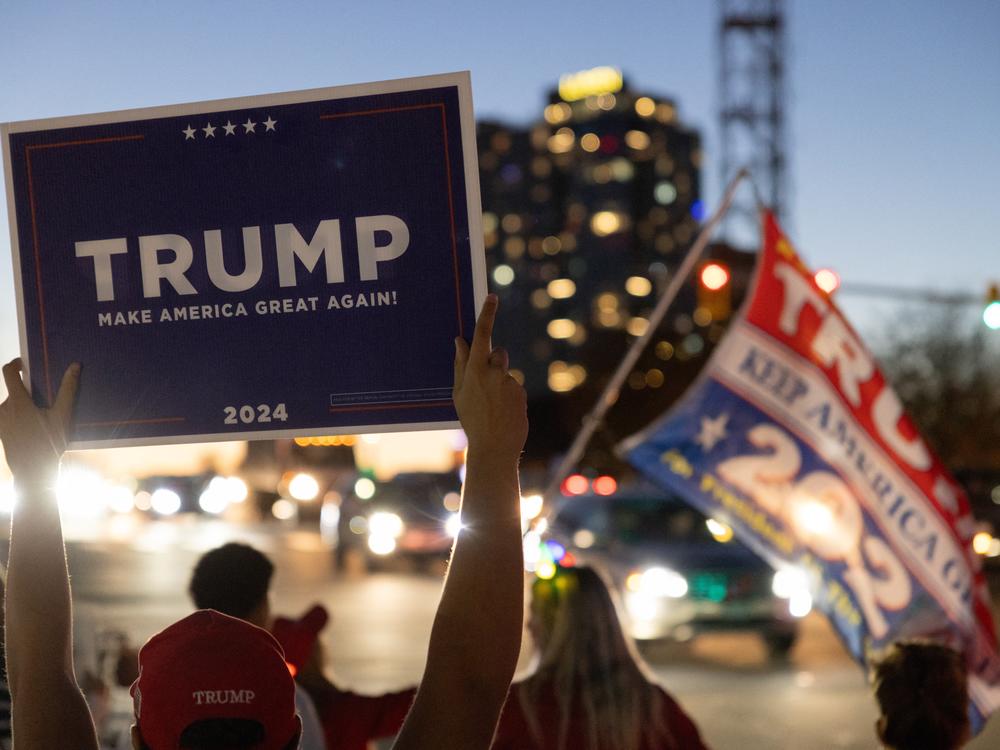 Supporters of Donald Trump, carrying flags and signs, march through a crosswalk in Virginia on Nov. 8, expressing their excitement after his 2024 presidential election win.