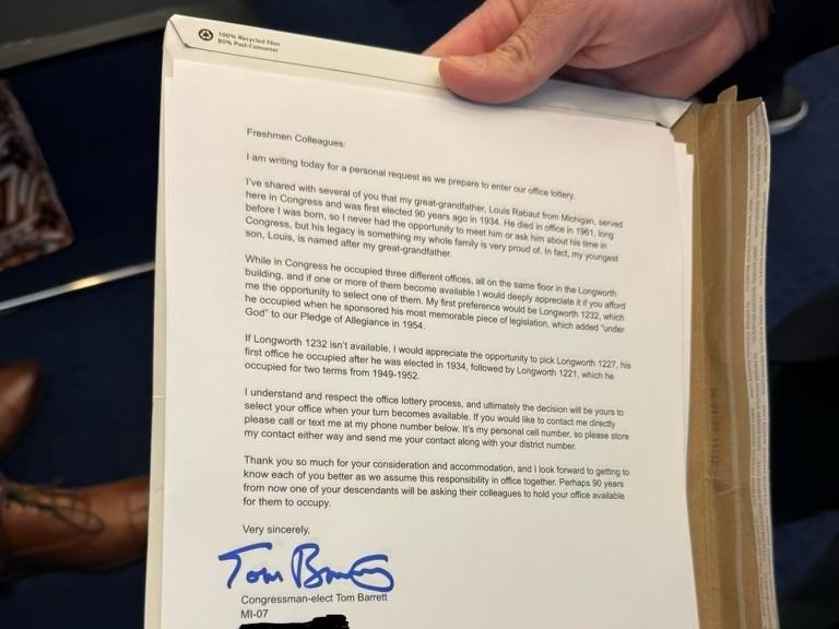 Barrett handed letters to his freshmen colleagues asking them not to pick his great-grandfather's former office in the lottery.