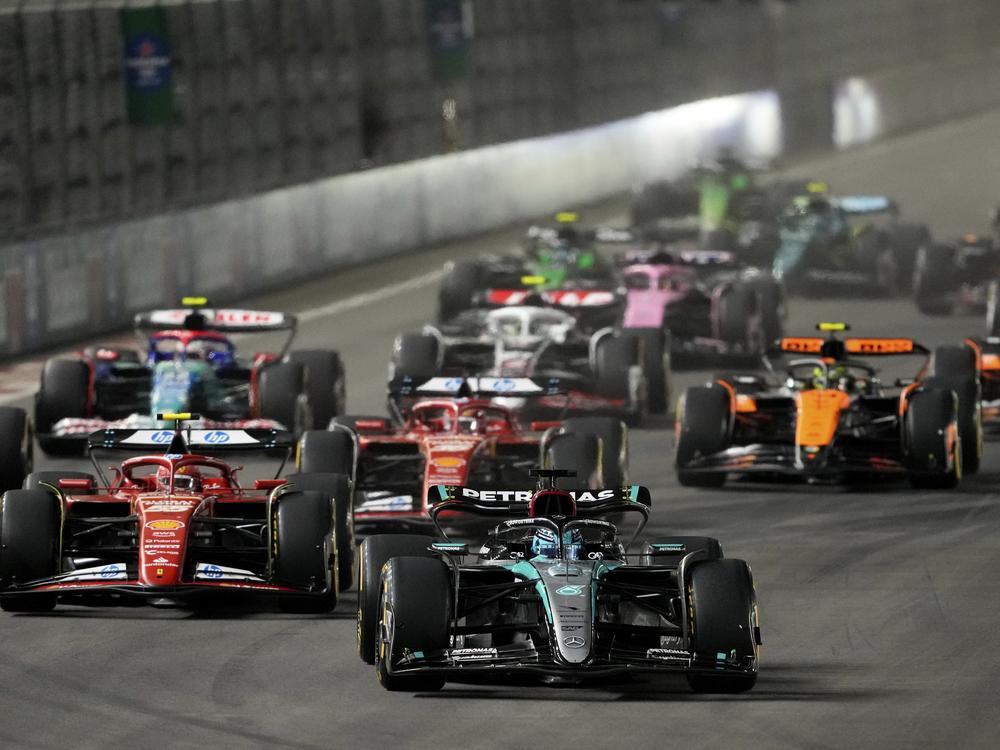 Mercedes driver George Russell, of Britain, leads the field during the F1 Las Vegas Grand Prix auto race, Sunday, Nov. 24, 2024, in Las Vegas.