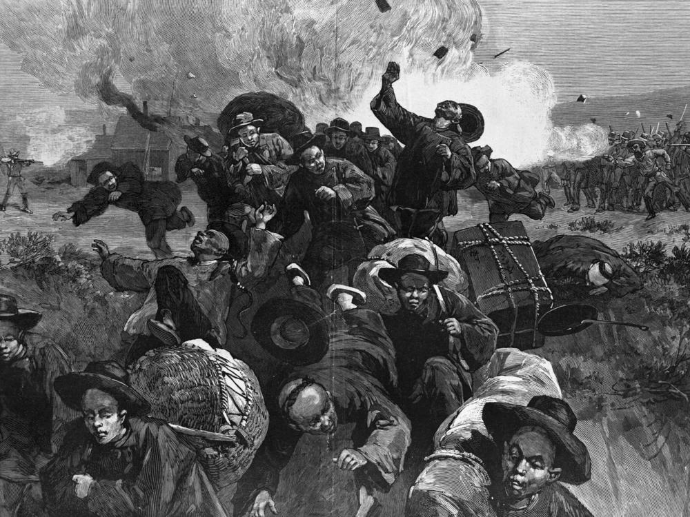 The Massacre of Chinese Americans at Rock Springs, Wyoming. Illustration by Thure de Thulstrup. Published in Harper's Weekly, September 26, 1885.