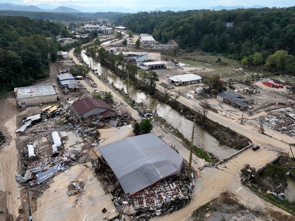 An aerial view of flood damage wrought by Hurricane Helene along the Swannanoa River on October 3, 2024 in Asheville, N.C. At least 200 people were killed in six states in the wake of the powerful hurricane which made landfall as a Category 4.
