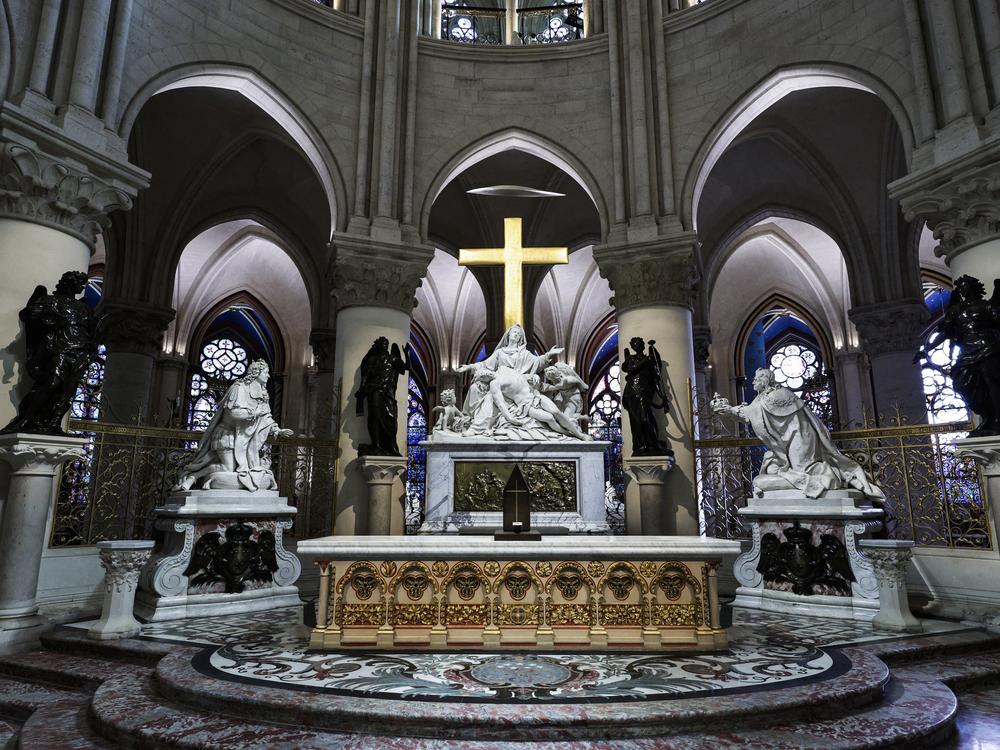 This photograph shows the tabernacle designed by French artist and designer Guillaume Bardet, in the heart of Notre Dame cathedral on Friday.