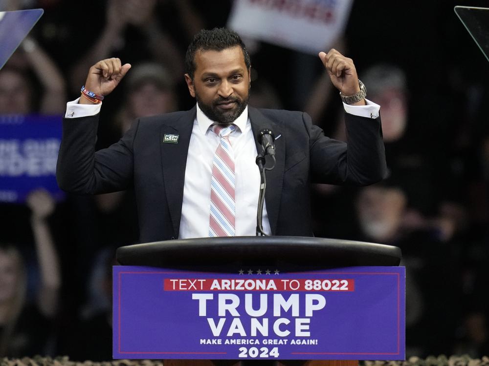 Kash Patel speaks before then-Republican presidential nominee, former President Donald Trump, at a campaign rally at the Findlay Toyota Arena, on Oct. 13, 2024, in Prescott Valley, Ariz.