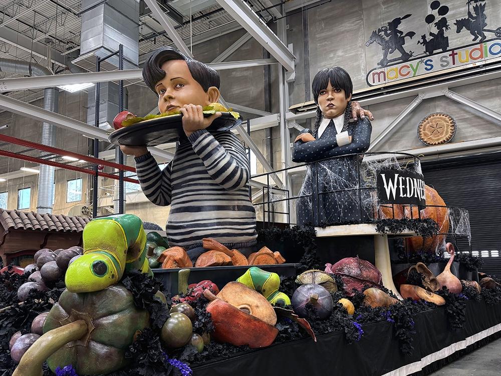 Wednesday Addams and her brother, Pugsley, are three stories tall. They have to be collapsed down so this float can fit through the Lincoln Tunnel and be transported to the parade starting line in New York City.