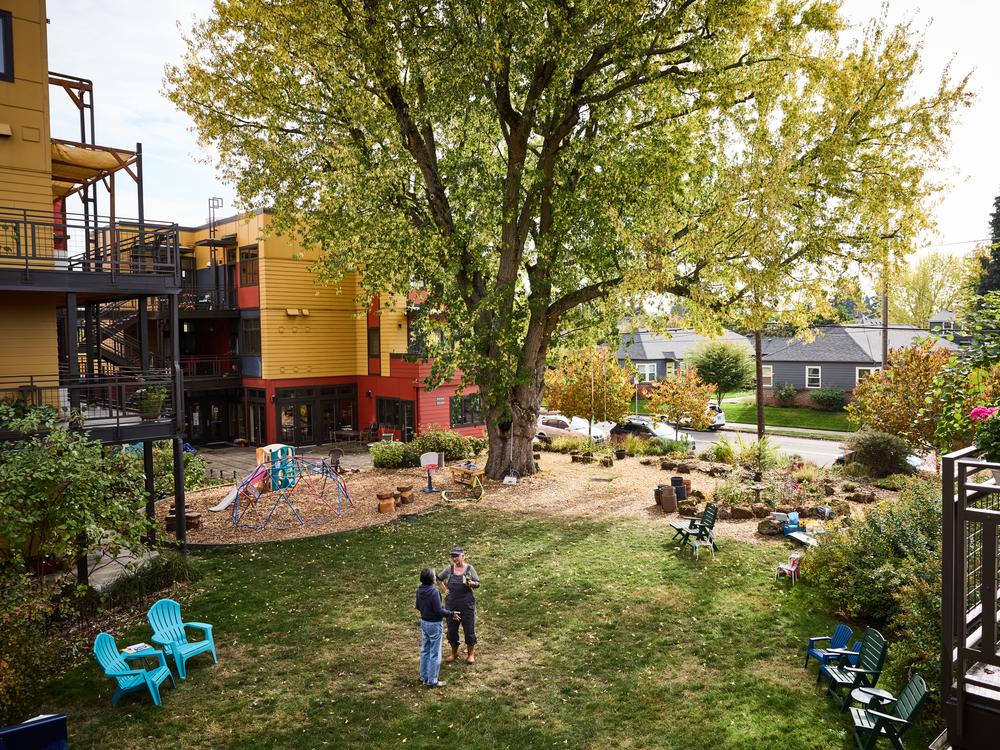 Two residents of Daybreak Cohousing pause for a chat in the courtyard of the complex, which was built around a giant old silver maple tree.