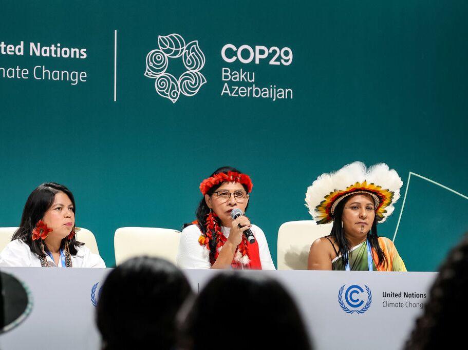 Indigenous women of Amazonia speak to the media at a press conference during United Nations Climate Change Conference COP29.