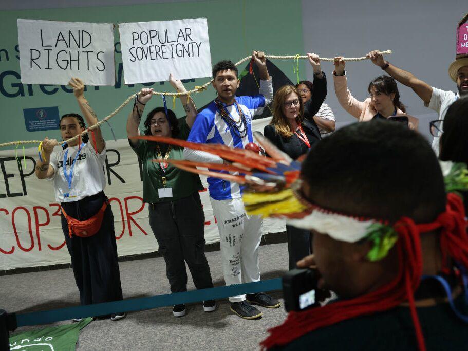 Protesters demonstrate for Indigenous land rights and climate justice on day six at COP29 this November in Baku, Azerbaijan.