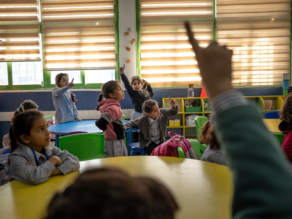 Students participate in class in an UNRWA girls school in Qalandia on Nov. 14.