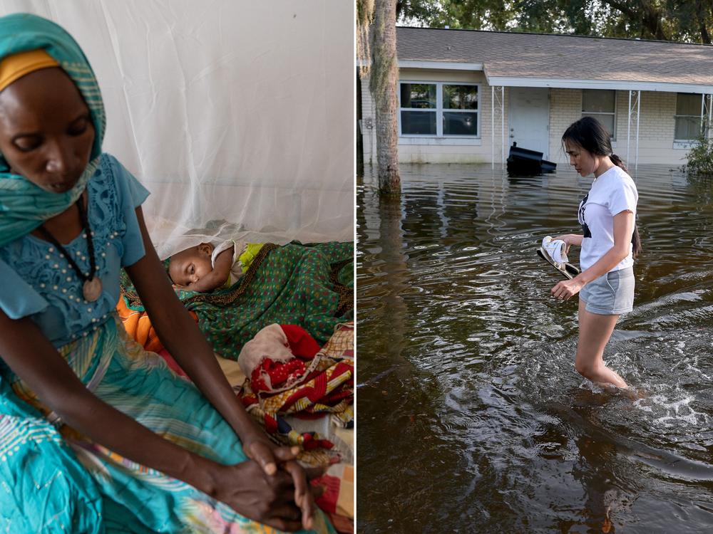 Left: Halima Ali Adam, A chadian woman lives near Farchana, sits with her baby, Iqbal Abubakr Yaqub, who is 15 months old, at the malnutrition clinic. They've been there for 13 days and seen little improvement in the baby's condition. Right: A person walks through a flooded road after Hurricane Helene hit the area as it passed offshore on September 27, 2024 in Crystal River, Florida. Hurricane Helene made landfall Thursday night in Florida's Big Bend with winds up to 140 mph and storm surges.