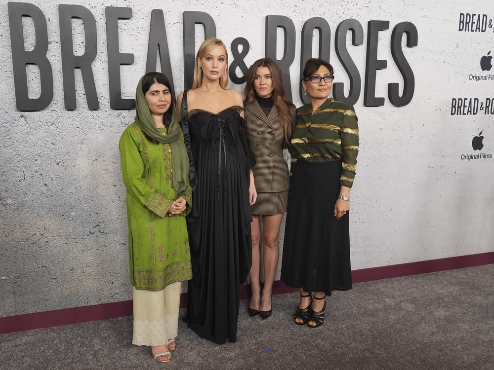 The team behind <em>Bread & Roses: </em>From left, executive producer Malala Yousafzai, producers Jennifer Lawrence and Justine Ciarocchi, and director/producer Sahra Mani at the November premiere of the documentary film about Afghan women.