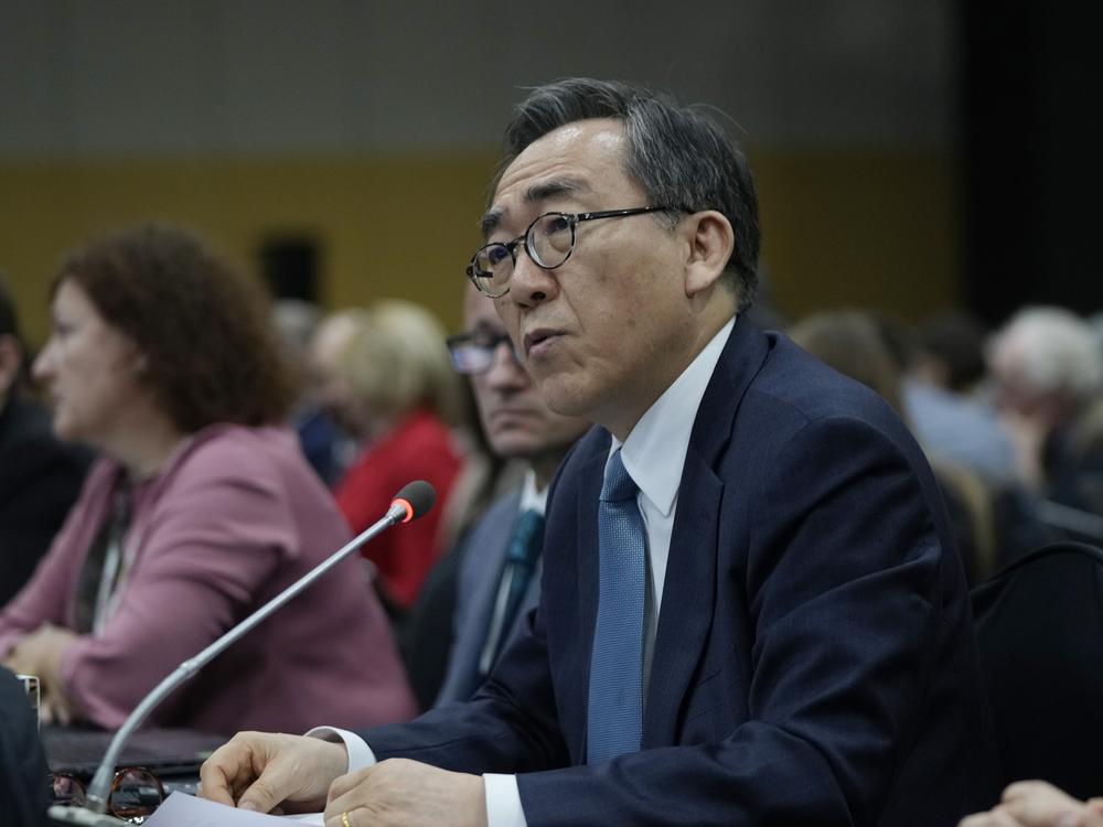 South Korean Foreign Minister Cho Tae-yul speaks during a plenary of the fifth session of the Intergovernmental Negotiating Committee on Plastic Pollution in Busan, South Korea, Sunday, Dec. 1, 2024.
