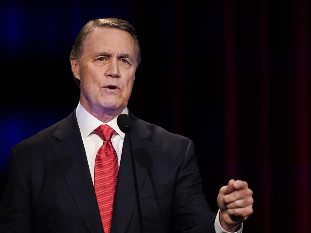 Former Sen. David Perdue speaks during a gubernatorial Republican primary debate on May 1, 2022, in Atlanta. 