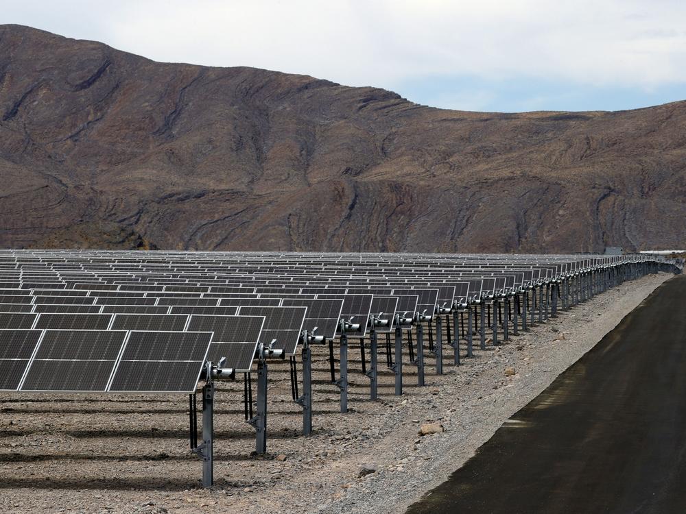 Panels in MGM Resorts' Mega Solar Array are shown after it was launched on June 28, 2021 in Dry Lake Valley, Nevada. The project sits on 640 acres of desert about 30 miles north of the Las Vegas Strip in the Dry Lake Solar Energy Zone.  (Photo by Ethan Miller/Getty Images)