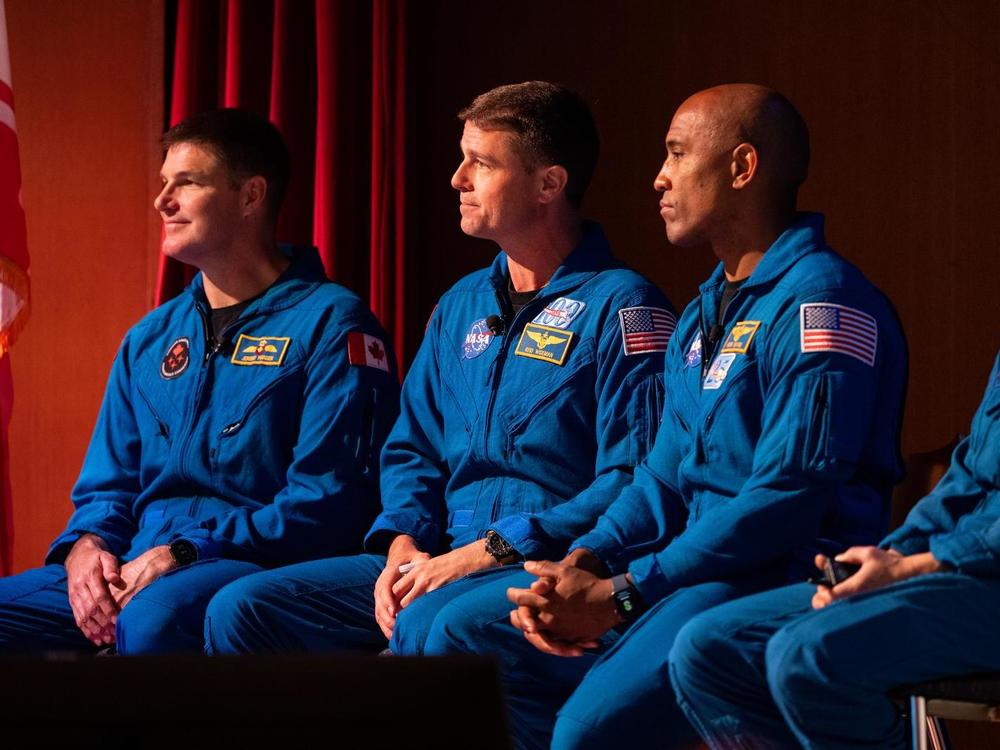 CSA (Canadian Space Agency) astronaut Jeremy Hansen, left, and NASA astronauts Reid Wiseman, Victor Glover, and Christina Hammock Koch, in 2023 at NASA's Goddard Space Flight Center. Their mission to go around the moon has been delayed until at least April, 2026.