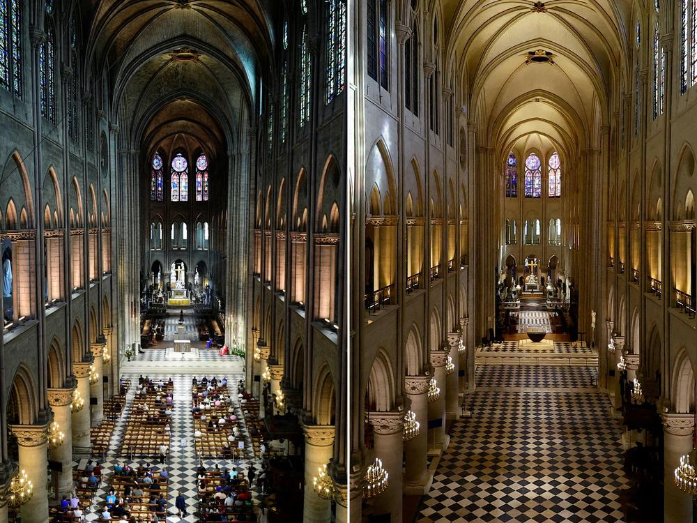 The nave of Notre Dame Cathedral in Paris on Nov. 29, 2024 (right) and on June 28, 2017 (left).