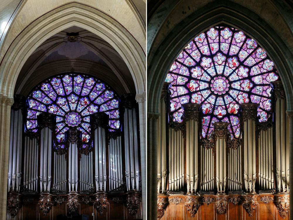 This combination of pictures shows the Western Rose window of Notre Dame Cathedral in Paris on Nov. 29, 2024 (left) and on Nov. 30, 2012 (right).
