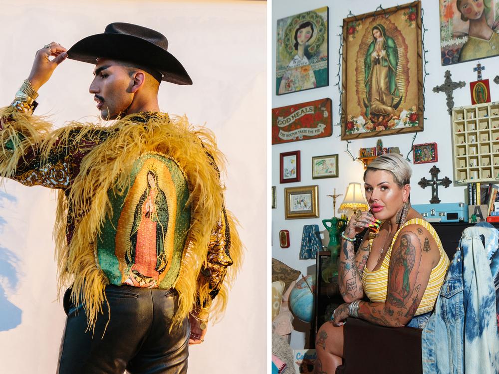 <strong>Left:</strong> <em>Caballero</em>, Los Angeles, California, 2021. Eliseo Equihua wears a custom Guadalupe shirt made by Olima Studio. <strong>Right:  </strong><em>La Reina Miss Ashleigh</em>, Sacramento, California, 2019.