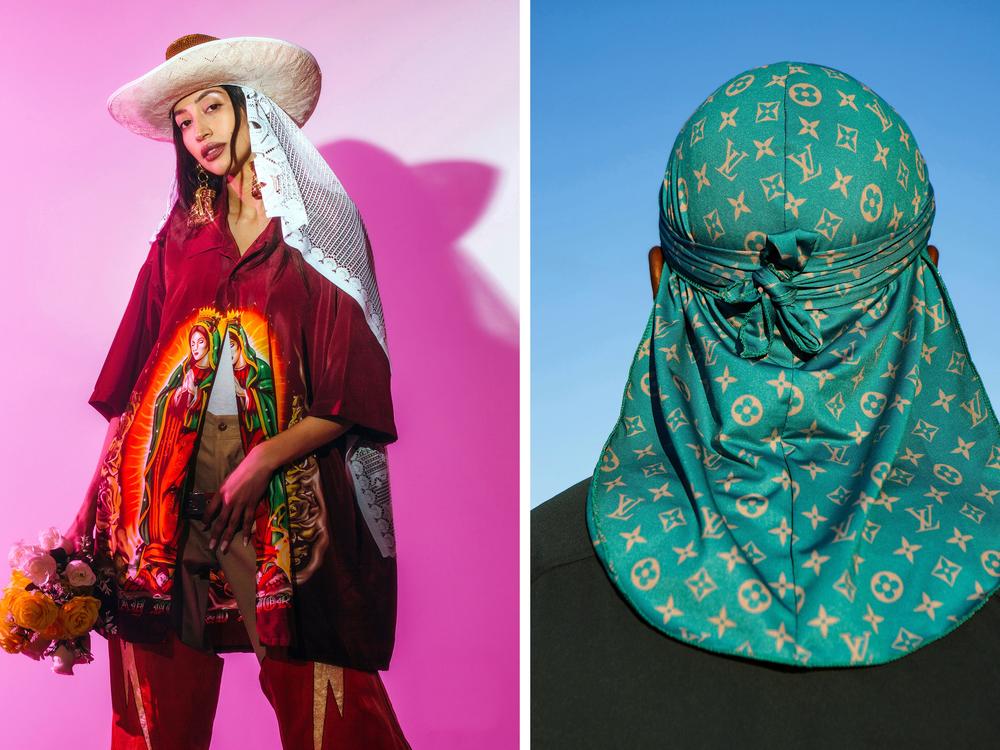 <strong>Left:</strong> <em>Guadalupe</em>, Los Angeles, California, 2021. Model Alba Hernandez wears a vintage ensemble inspired by Our Lady of Guadalupe, styled by Liz Baca of The Goods! <strong>Right:</strong> <em>Sacred Crown</em>, Oakland, California, 2019.