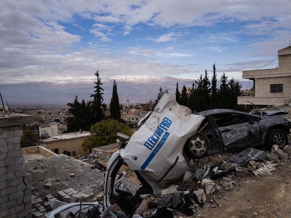Damaged cars in the Lebanese village of Younine on the Syrian border following an Israeli airstrike, on Dec. 4.