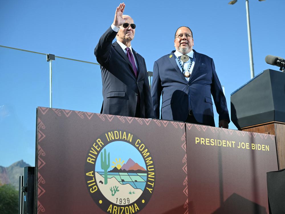 President Biden with Gila River Indian Community Gov. Stephen Roe Lewis on Oct. 25, 2024, when Biden formally apologized for the Indian boarding schools system.