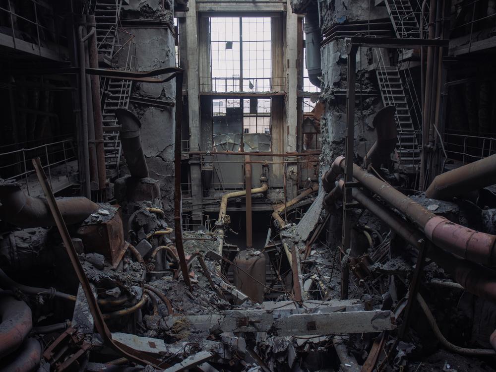 A section of a thermal power plant in Ukraine destroyed after a Russian rocket strike. Ukrainian private energy supplier DTEK says Russia has struck the plant multiple times since the 2022 invasion.