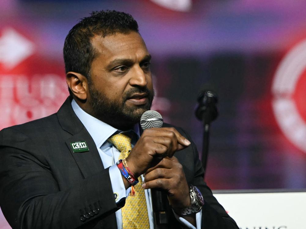 Patel speaks during a Turning Point Action campaign rally for Trump in Las Vegas on Oct. 24, 2024.