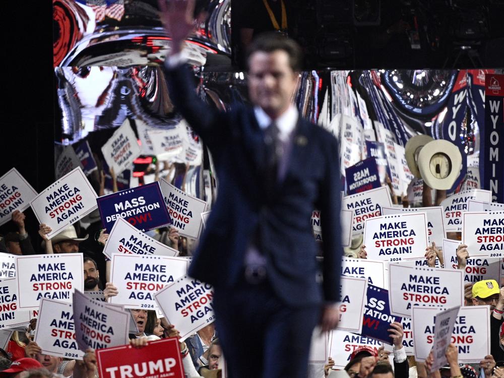 Then-Congressman Matt Gaetz, R-Fla., walks off stage after speaking during the Republican National Convention in July.