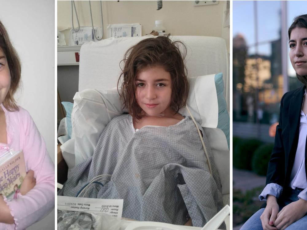 At age 8 in 2009, EJ Beck hugs her favorite book, Laura Ingalls Wilder's <em>These Happy Golden Years</em>. At 10, center, she is pictured in the hospital where she was treated for thyroid cancer. For Beck and her family, the <em>Happy Golden Years </em>image became emblematic of her life, before. At right, EJ Beck today is a 23-year-old medical student.