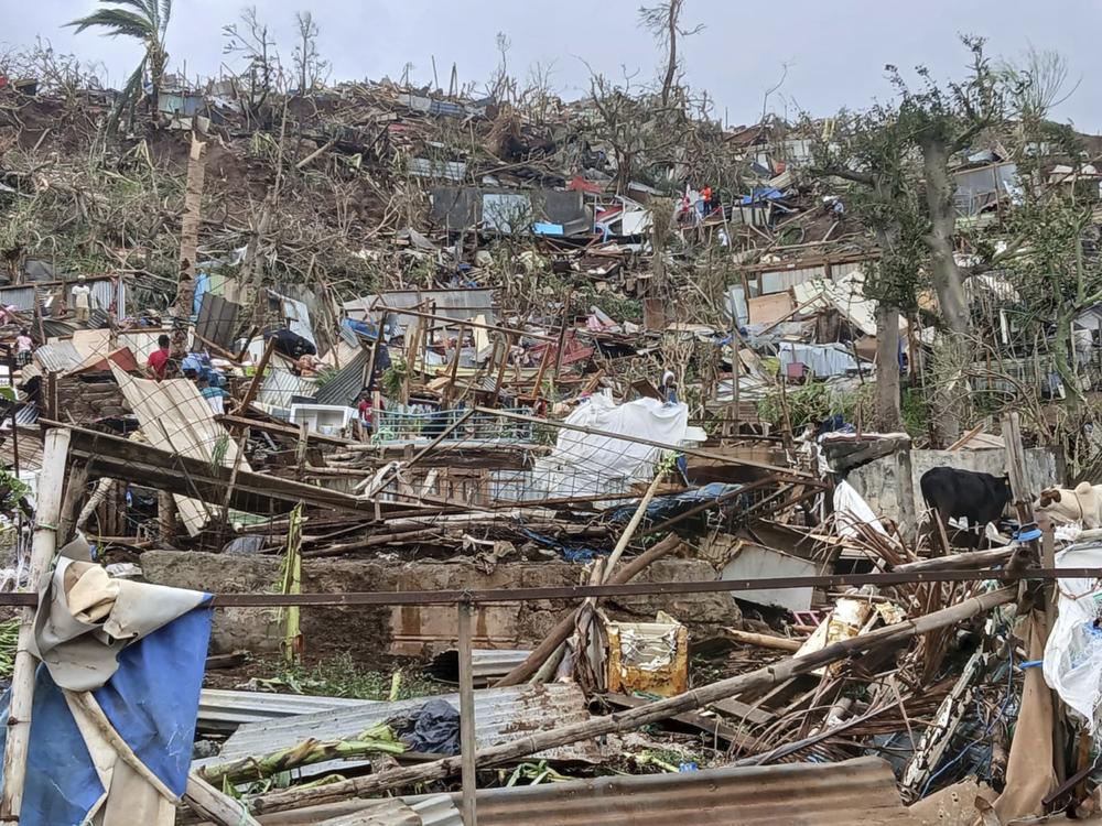 This undated photo provided by NGO Medecins du Monde  on Sunday, Dec. 15, 2024, shows a devastated hill on the French territory of Mayotte in the Indian Ocean, after Cyclone Chido caused extensive damage with reports of several fatalities.