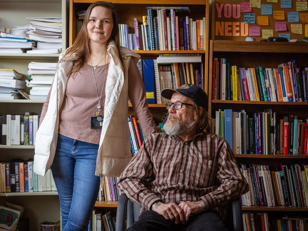 John Greene and his counselor Emily Georgia at Family & Children's Counseling Services in Cortland, N.Y. Greene is four months into recovery for the first time since he started regularly using drugs at age 14. He credits a new program that the counseling center started with opioid settlement money.