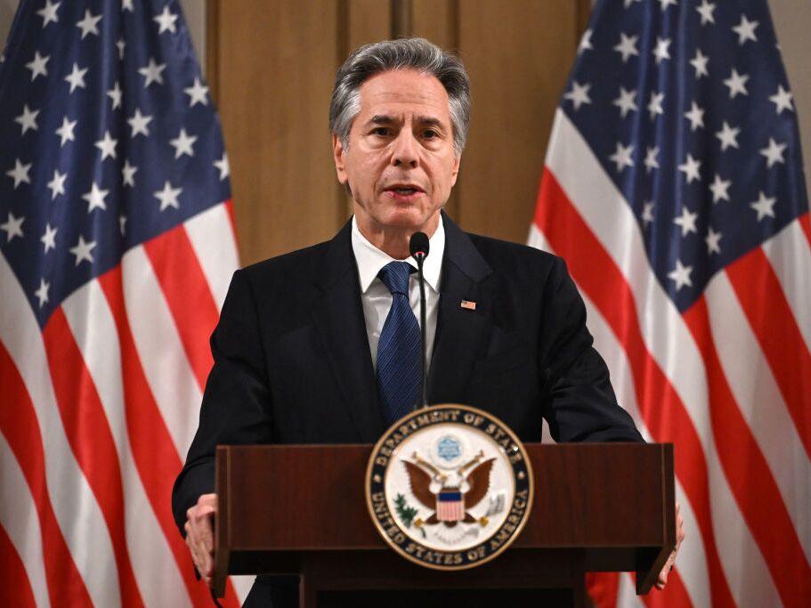 US Secretary of State Antony Blinken delivers a statement to the press after the meeting with the foreign ministers of the Arab Contact Group on Syria in Jordan's southern city of Aqaba on Saturday.