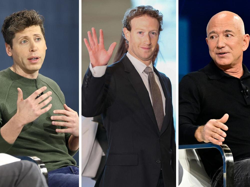 From left to right, OpenAI CEO Sam Altman on Dec. 4 at <em>The</em> <em>New York Times</em> Dealbook Summit; Meta CEO Mark Zuckerberg on Feb. 27 in Tokyo; and Amazon CEO Jeff Bezos on Dec. 4 at <em>The</em> <em>New York Times</em> Dealbook Summit.