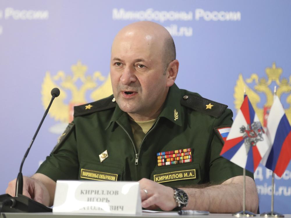 Maj. Gen. Igor Kirillov, the chief of the Russian military's radiation, chemical and biological protection unit, attends a briefing in Kubinka Patriot park, outside Moscow, Russia, on June 22, 2018.