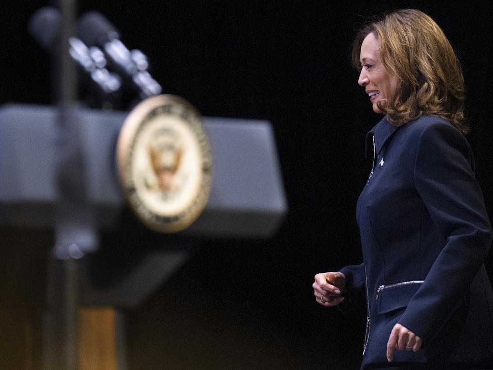 Vice President Harris leaves the stage at Prince George's Community College, in Largo, Md.