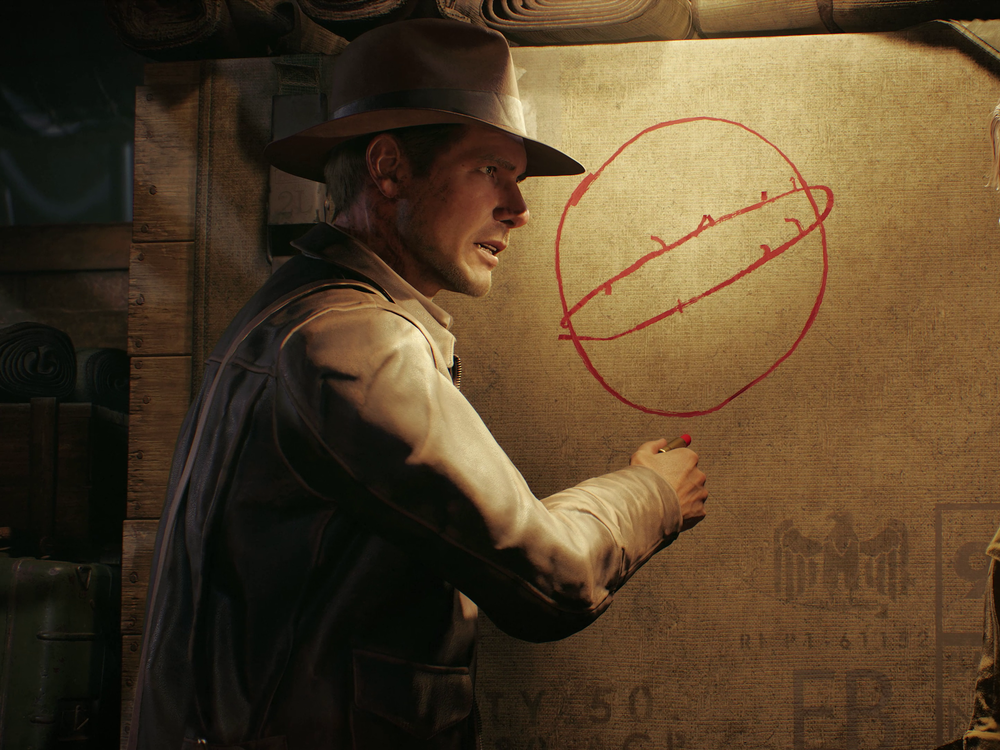 Indiana Jones points to the titular Great Circle, which he scrawled with lipstick he snatched from Italian journalist Gina Lombardi (right).