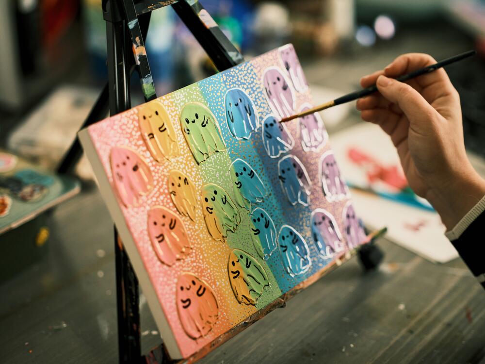 Chelsey Gomez is an artist, and ghosts are a frequent theme for her. They represent the cancer friends she has lost, and also her new life as a cancer survivor. 