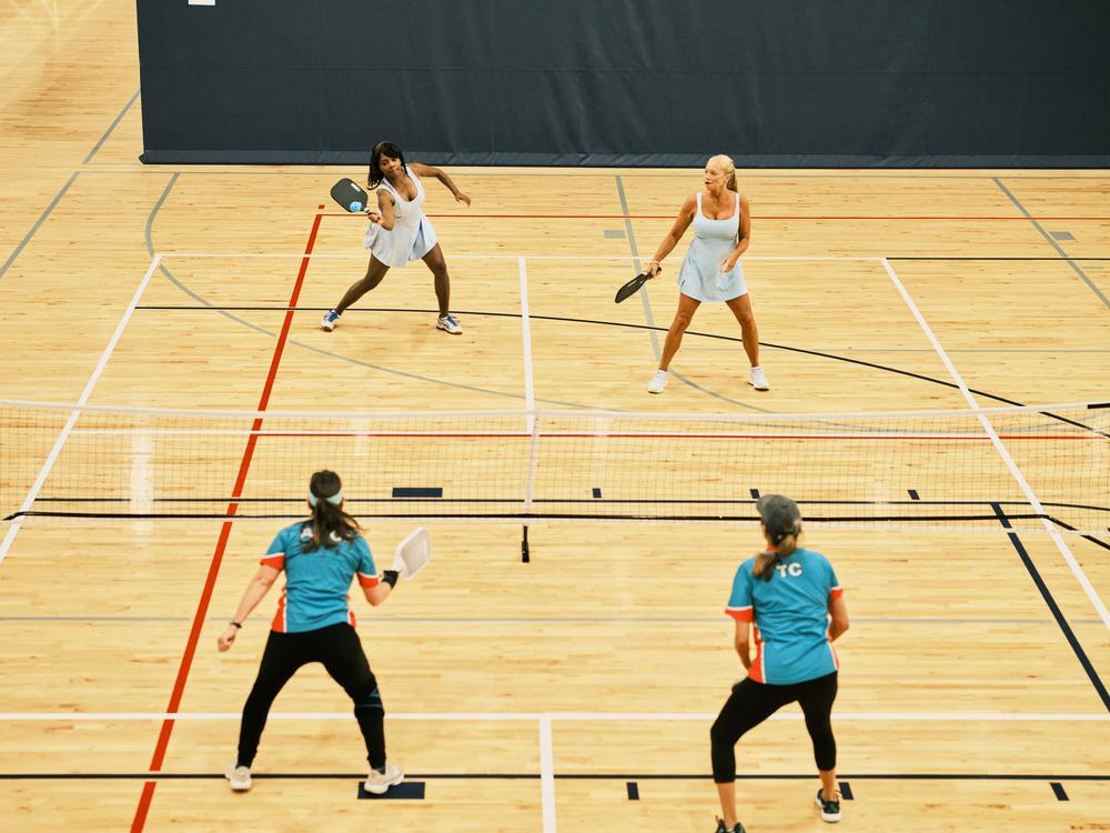 Sondra Boruty, 58, (top left) and Tania Miller, 57, (top right) return the ball to their opponents as they compete in their doubles match at the Florida Senior Games.