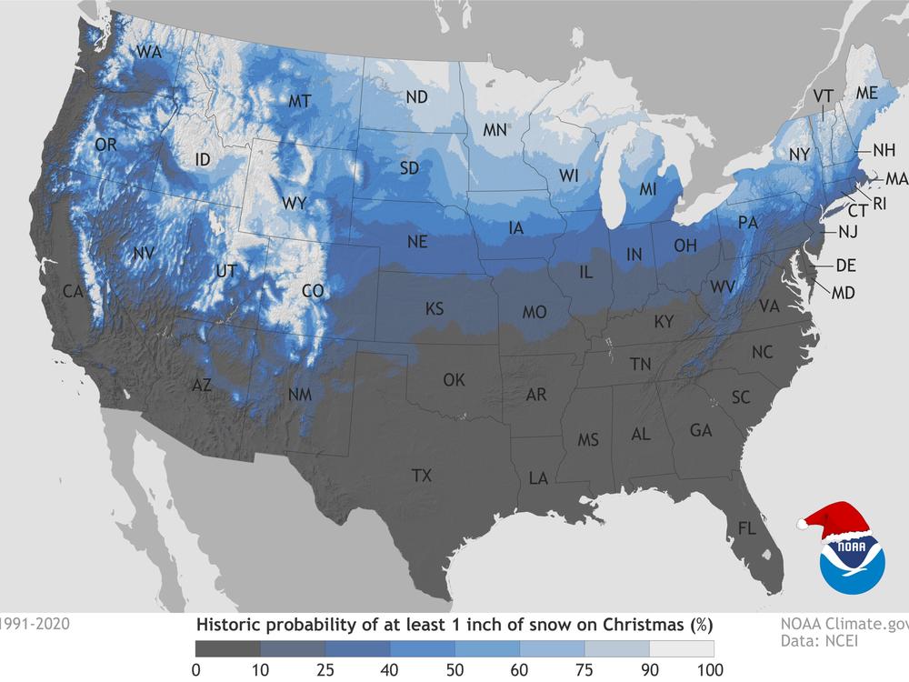 This map by NOAA shows the historical probability of at least 1 inch of snow on the ground on Dec. 25. The agency says actual weather conditions on Christmas Day will vary each year.